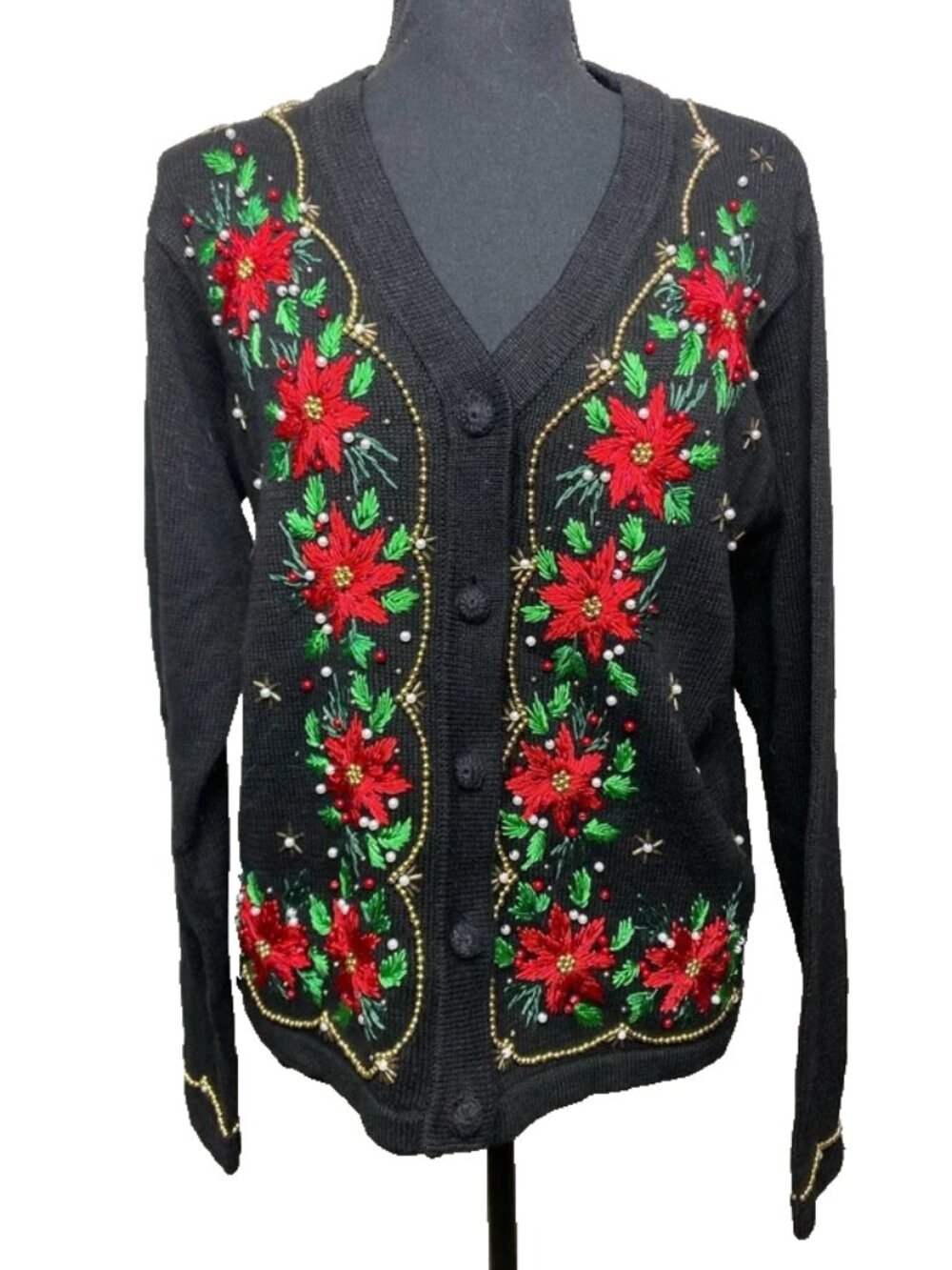 Vintage BP Design Christmas Poinsettia Cardigan Sweater Women's Small